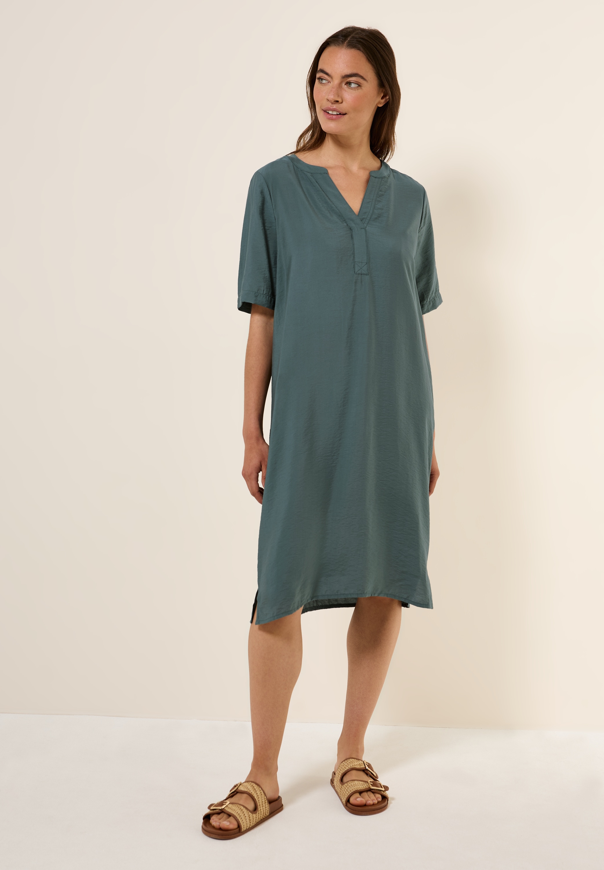 Shirtkleid CECIL, Damen, Gr. M (40), US-Größen, grün (schwarz balmy khaki), Stoff, 88% Viskose, 12% Nylon, unifarben, comfort fit kniebedeckend, Rundhals, abgesteppt, Kleider Shirtkleid, in Unifarbe