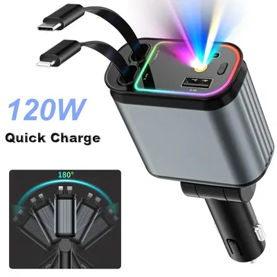 4 in 1 Car Charger with Retractable Cable Atmosphere Lamp Star Top Light 120W Adapter Car Phone Image