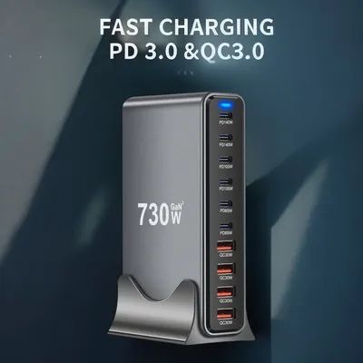 730 W GaN 3.0 USB-C PD-Ladegerät 10-Port 6C4A Schnellladung für Mobiltelefone und Tablets Tragbares Design