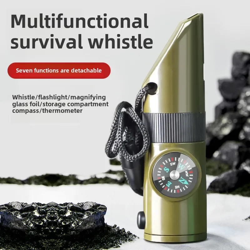 Outdoor Survival Equipment Pfeife Multifunktionaler tragbarer Notfallkompass Lupe Taschenlampe Thermometer