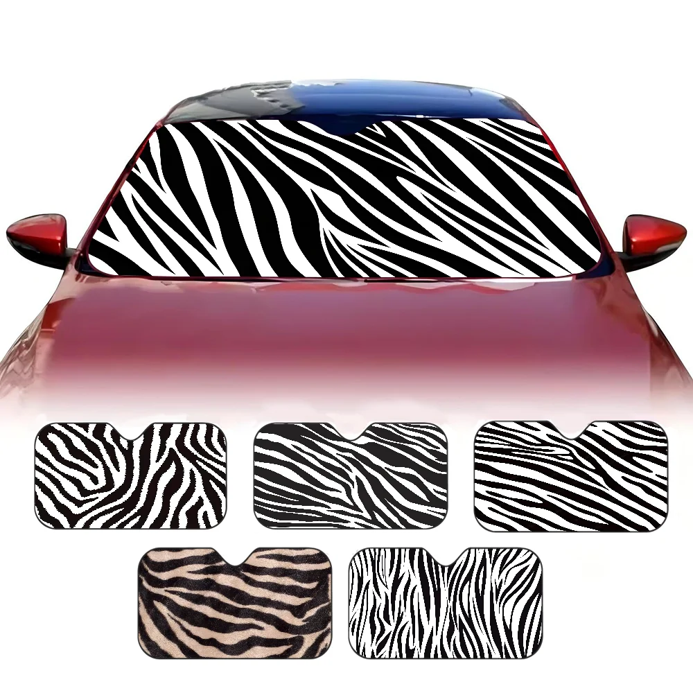 Schwarz-weißer Druck, Zebra-Sonnenschutz, Windschutzscheibe, zusammenklappbar, Auto-Frontscheibe, 70 x 130 cm, Autofenster-Windschutzscheibenabdeckung, Wärmereflektor Image