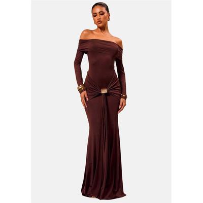 Jerseykleid MODA MINX "Samantha Off Shoulder Dress", Damen, Gr. M, EURO-Größen, braun, 100% Polyester, unifarben, elegant, lang, Carmenausschnitt, Langarm, Kleider, im schulterfreien Design Image