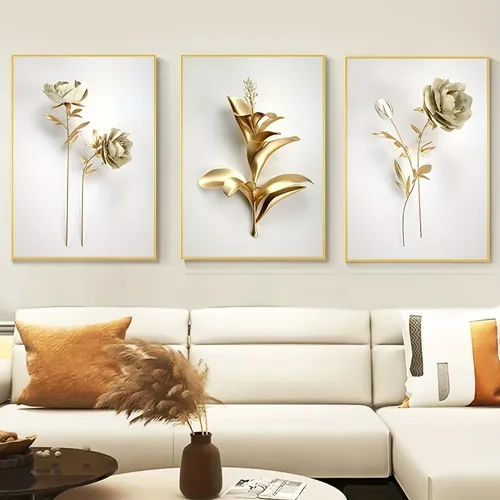 3 pièces sans cadre abstrait fleur dorée décor à la maison image de luxe toile peinture mur Art