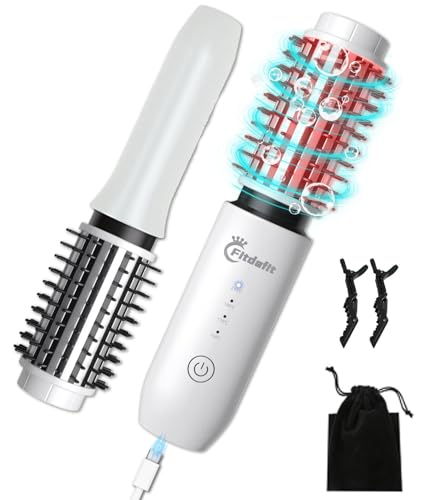 Cordless Hair Curling Iron Brush, 1.5" Mini Cordless Hair Curler, 3-in-1 Travel Curling Brush Hair Straightener Comb Rechargeable, 7000mAh Portable Ionic Heated Curling, White