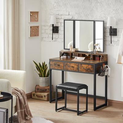 TEMU Double Dresser Set With Padded Stool, Vanity With 3 Mirrors, 3 Drawers, Hair Dryer, Vanity, Industrial Style, Jewelry Armoires Image