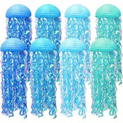 TEMU 8pcs Jellyfish Lanterns For Under The Sea & Mermaid Party Decor - Purple & Pink Glitter Hanging Ornaments, Battery-free Ocean Theme Decorations For Birthdays, Weddings, Baby Showers Image