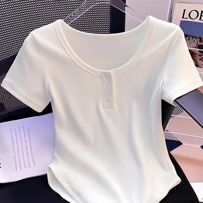 TEMU Solid Color Henley Neck T-shirt, Casual Short Sleeve Button Front Top For , Women's Clothing Image