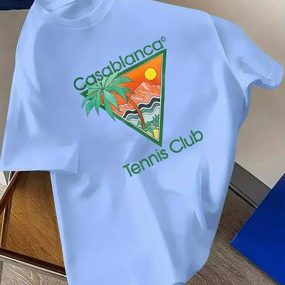 TEMU Men' Blue T-shirt - Retro-inspired Vibrant Tropical Print, Breathable Polyester, Regular Fit Short Sleeve Tee For Summer Casual Wear & Sports, Leisure Clothing, Machine Washable Top Image
