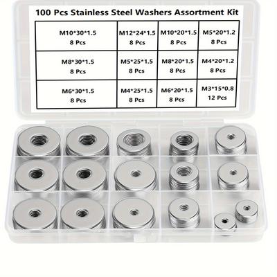TEMU 18-8(304) Stainless Steel Fender Washers, Flat Washers For Screws And Bolts, 100pcs Metal Washers Kit (12 Sizes M3-m12), Assorte Image