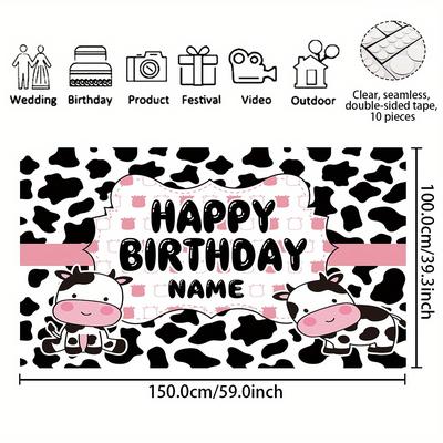 TEMU 1pc Customizable Name Birthday Party Banner, Polyester Cartoon Cow Spots Pattern Photography Backdrop, Personalized Name Banner For Cake Table Home Outdoor Garage Yard Sign Decoration Supplies Image