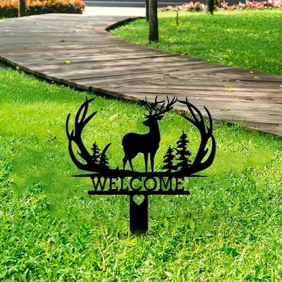 TEMU 1pc Iron Deer Silhouette Welcome Sign - Metal Forest Deer Artwork, Welcome Yard Stake, Rust-resistant Garden Decor, Hunting Memorial Landscape, Style Lawn Ornament Image
