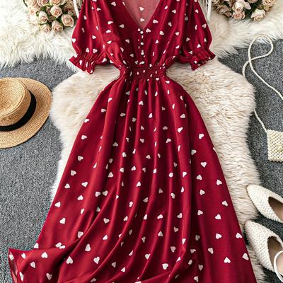 TEMU Elegant Red Heart Print Maxi Dress With V-neck, Shirred Waist, And Puff Sleeves - All , Adult Women's Fashion, Casual Attire|vneckline|polyester Image