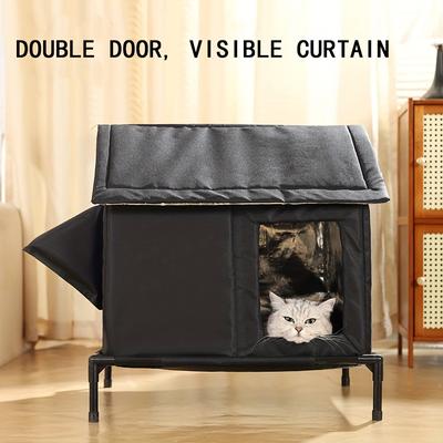 TEMU Outdoor Insulated Cat House With A Foldable Design, Suitable For Cats And Dogs, Featuring A Black Frame And A Curtain. Image