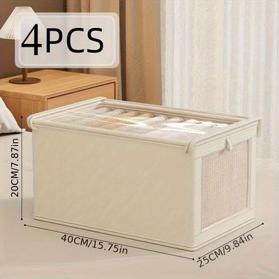TEMU 4pcs Large Capacity Waterproof Oxford Fabric Storage Boxes With Clear Window - Modern For Clothes, Underwear, Quilts | Multi-functional Organizer For Closet, Underbed, And Home Use Image