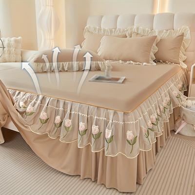 TEMU Luxurious Solid Color Bed Skirt With Lace And Floral, Breathable Non-stuffy, Machine Washable, Suitable For Bedroom, , Hotel Decor. No Pillow Included Image
