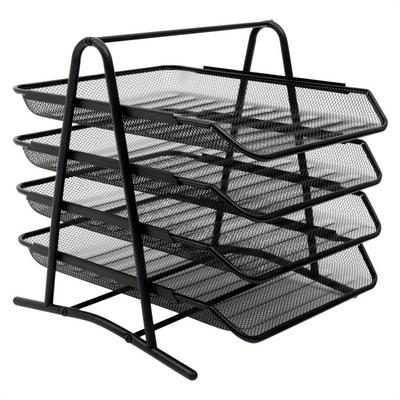 TEMU 4-tier Black Metal Mesh Document Organizer Shelf With Ventilated Trays – Sturdy Iron Desk Storage For Office, Home, Or School Supplies Image