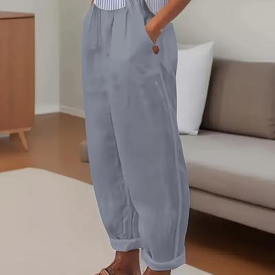 TEMU Plus Size Women's Casual Loose Solid Color Straight Leg Pants With Side Pockets - Elegant Weekend Wear, Non-stretch Fabric, , Casual Wear Pants||nonstretch Fabric Image