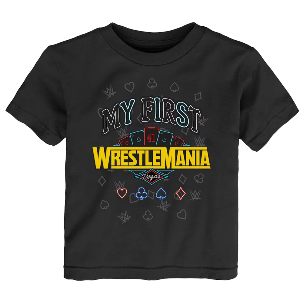 „2025 Sommer-Kinder-T-Shirt – Sin City Lights & WWE Action! Erste WrestleMania-Erinnerung mit Vegas Neon & Championship Belt!“ Image
