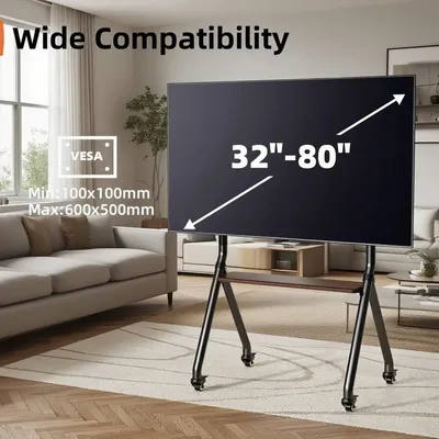 Mobiler TV-Wagen, rollender TV-Ständer mit Rädern, höhenverstellbarer, tragbarer Boden-TV-Ständer für 32–65 Zoll max. VESA 600 x 500 mm, 50 kg