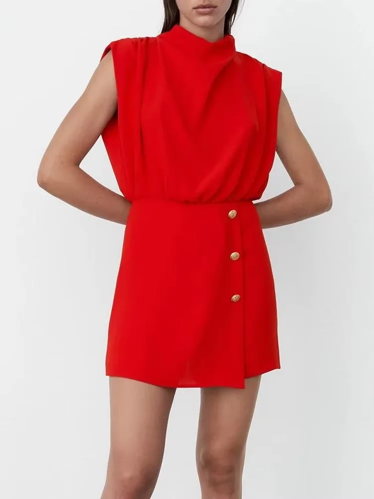 Eleganter, hochgeschlossener, einfarbiger, ärmelloser Jumpsuit mit Shorts für Damen in Rot