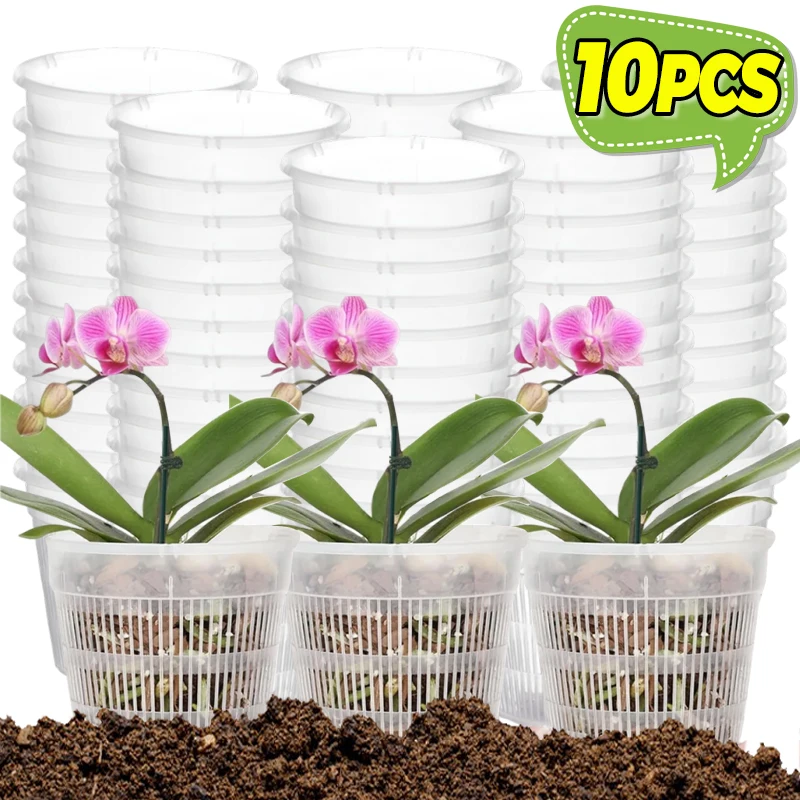 10-1PCS Orchidee Töpfe Mit Löchern Transparent Kunststoff Orchidee Topf Kindergarten Blume Atmungsaktive Becken Für Indoor Outdoor Gartengeräte Image