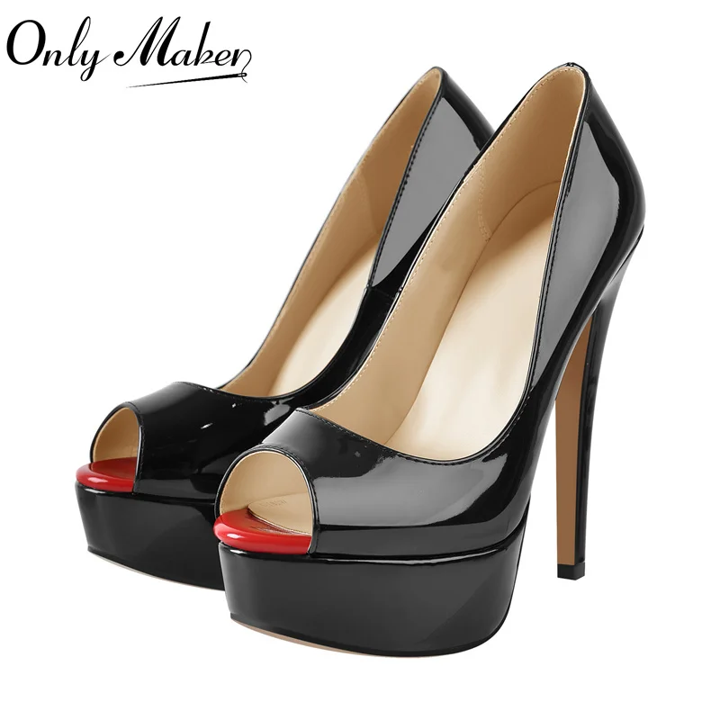 Onlymaker Plattform Peep Toe High Heel Slip On Pumps Dünne Stiletto Heels Party Rot Schwarz Sexy Schuhe Große Größe Plus Größe Heels