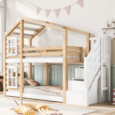 517567AAW) Baumhaus Kinderbett 90 x 200 cm, Kinderetagenbett im Fensterdesign mit Stauraum und Image