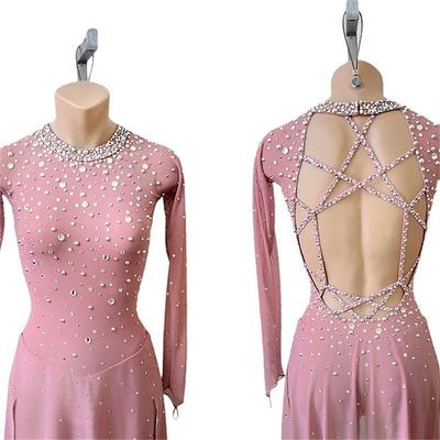 Figure Skating Dress Women's Girls' Ice Skating Dress Pink Dark Navy Open Back Asymmetric Hem Mesh High Elasticity Training Competition Skating Wear Classic Crystal / Rhinestone Long Sleeve Ice