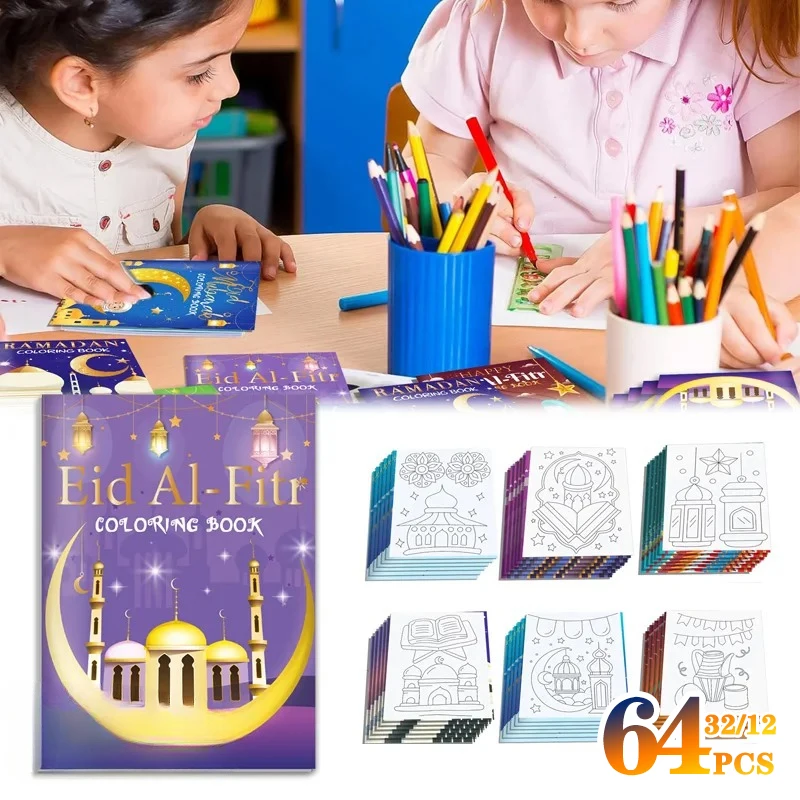 16/32/64PCS Ramadan Malbücher Gold Mond Füllstoffe DIY Malerei Zeichnung Buch kinder Geschenk Graffiti Buch für Party Liefert Image