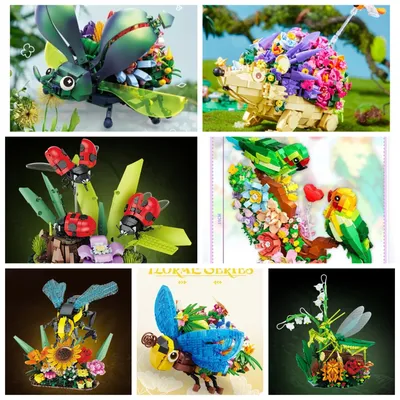 MOC Mehrfarbige Insekt Blume Bausteine Sets Lovebirds Marienkäfer Mantis Ziegel Interessante Dekor Image