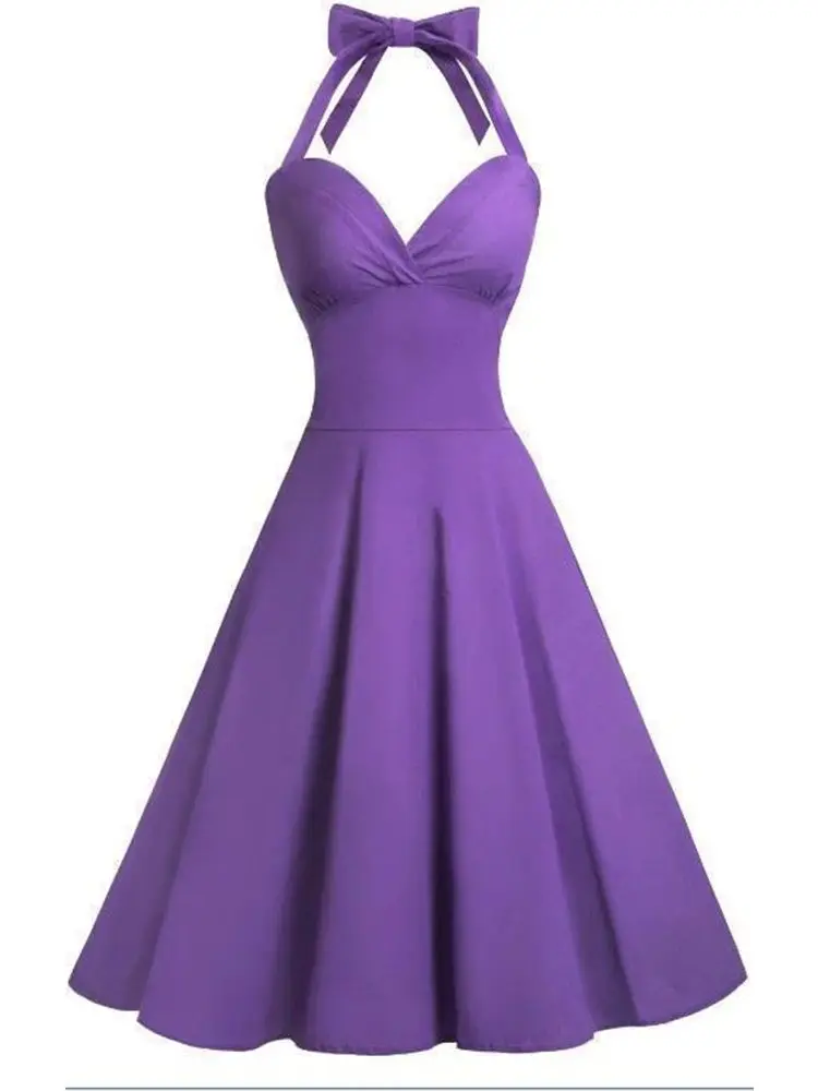 BABYONLINE 50er Jahre Audrey Hepburn Neckholder-Kleid für Damen, Vintage-Krawattenknopf-Swing-Kleider, Pinup-Rockabilly-Cocktailpartykleid