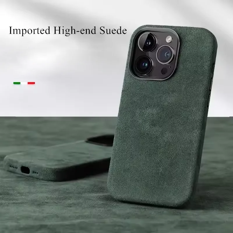 Hochwertige, weiche Wildleder-Kameraobjektivschutz-Magnet-Handyhülle für iPhone 16 15 14 Plus 13 12 Pro Max, stoßfeste Rückseite Image