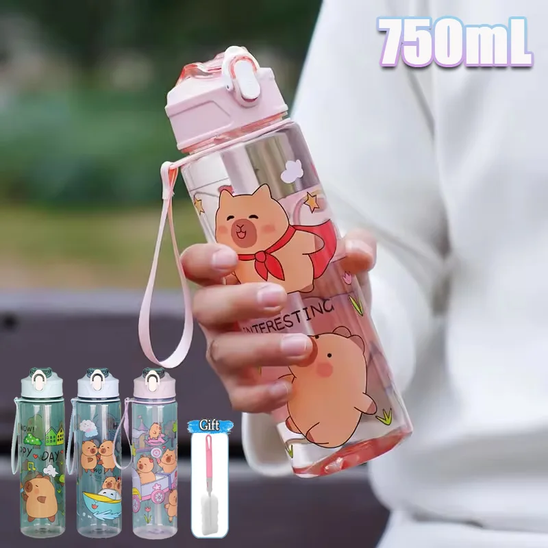Niedliche Cartoon-Capybara-Wasserflasche, auslaufsicherer Kunststoff-Strohbecher, tragbar, für Outdoor-Reisen, große Kapazität, Sport-Wasserflasche Image