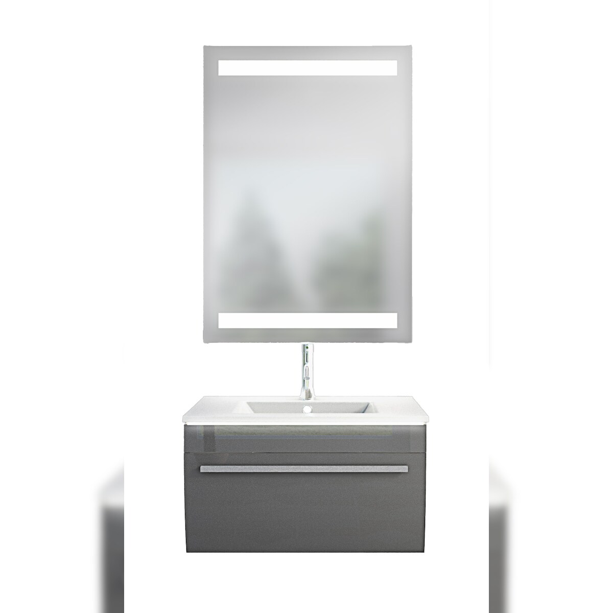 AcquaVapore Badmöbel Set Gently 3 V1 Weiß/Grau MDF Waschtisch 70cm mit Leuchtspiegel LSP09 100x70 cm Image