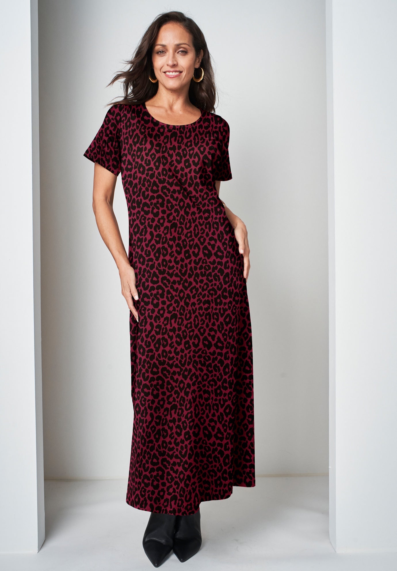 Plus Size Women's Stretch Cotton T-Shirt Maxi Dress by Jessica London in Burgundy Classic Cheetah (Size 34)