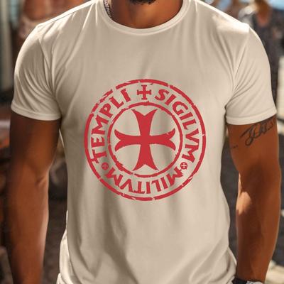 TEMU Men's Templar Graphic Tee - Casual Black Polyester Short-sleeve Shirt With Red Design, Machine Washable For Summer Image