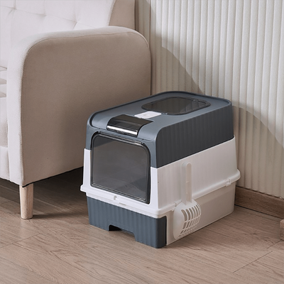 TEMU 1pc Dual Entry Cat Litter Box With Scoop, Ventilated Odor-resistant Top, Removable Splash Tray & Easy- Hooks - Pp Material, 48x35x36cm - Grey Or Pink For Indoor Cats Image
