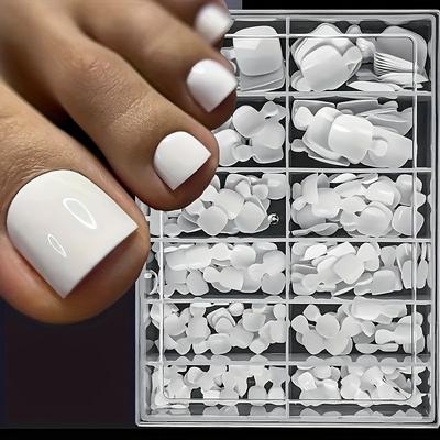 TEMU 240pcs White Press-on Toe Nail Tips - Full Cover, Square, Short, Solid Color, Glossy Finish - False Toenails For Manicure & Extension, Acrylic Nail Supplies, 12 Sizes Image