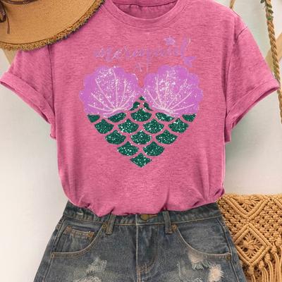 TEMU Mermaid Love Print Fashion Vintage Women's Summer Casual Sporty Round Neck Short Sleeve T-shirt S-xxl Image