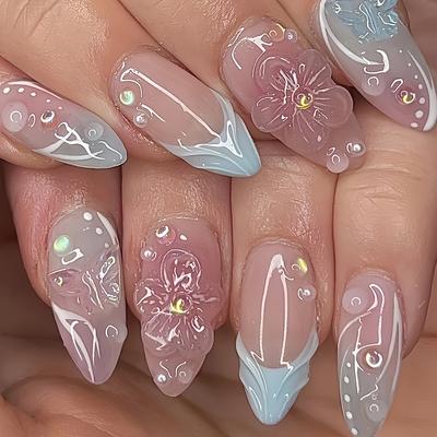 TEMU Upgrade Your Look With 24pcs Almond-shaped Elegant And Minimalist 3d Floral False Nails. Suitable For All Women And S, The Box Includes Jelly Glue And A Nail File For Easy Application Image