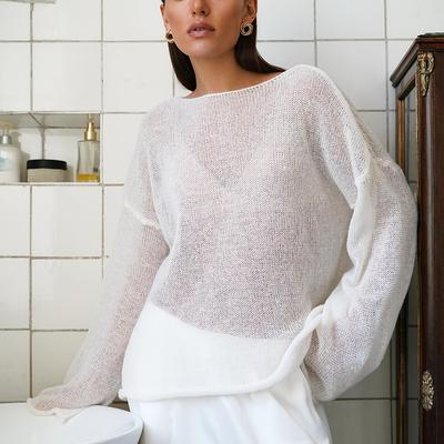 TEMU And Summer Women's Hollow , Sheer Loose Lightweight Pullover With A Large Round Neck And Bell Sleeves. Image