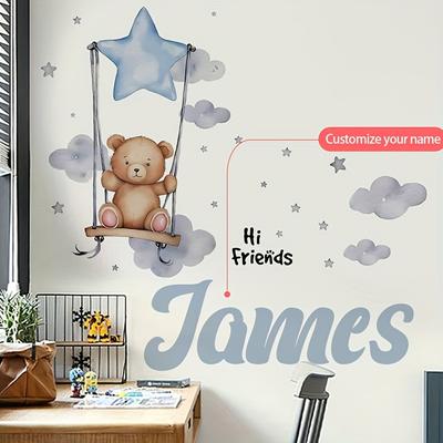 TEMU Customizable & Cloud Teddy Bear Swing Wall Decal - Adorable Cartoon Style, Removable Pvc Sticker For ' Bedroom, Living Room, Study, Or Dining Area, Personalized , Bear Home Decor Image