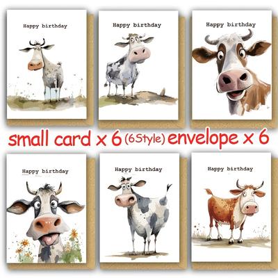 TEMU 6-pack Cow-themed Cards With Envelopes, Assorted Farm Animal Designs, Blank Inside, Paper Greeting Cards For All , Bulk Set For Birthday Wishes And Thank You Messages Image