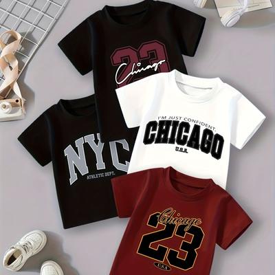 TEMU Boys' 4pcs Summer T-shirts - Chicago, Nyc, 23 & Basketball Graphic Prints, Casual Short Sleeve Tops In Black, White, Maroon & , Outdoor Play Image