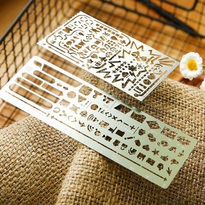 TEMU 2pcs Vintage Stainless Steel Stencil Set For Scrapbooking, Embossing & Diy Crafts - Portable Hollow Ruler Design For Planners, & Notebooks Image