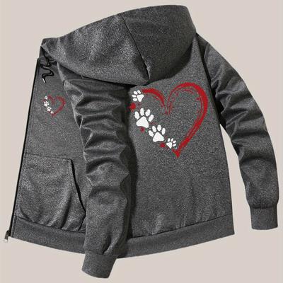 TEMU Men's Trendy Black Hooded Jacket With Heart & Paw - Casual Zip-up Fall/winter Outerwear, Unlined Polyester Blend, Machine Washable, Casual Fall Jacket | Hoodie | Elastane Image