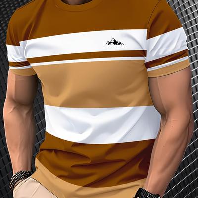 TEMU Men's Breathable 3d Short Sleeve T-shirt - Trendy Striped Design, Lightweight & Comfortable Round Neck Tee For Casual Wear Image