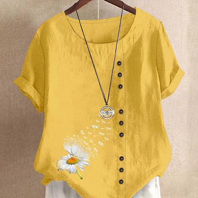 TEMU Women's Casual Floral Print Blouse - Loose Fit, Short Sleeve, Round Neck With Buttons And Charm, Lightweight Polyester, Spring And Summer, Floral Print Blouse Image