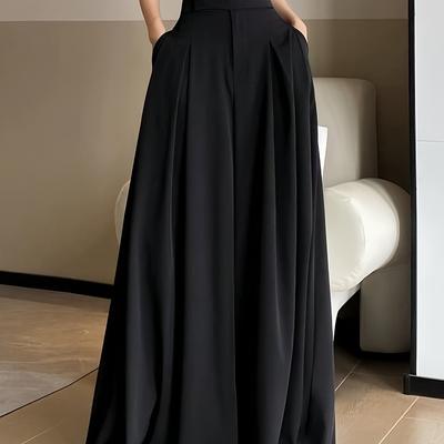 TEMU Women's Elegant Solid Color Black Pleated Wide Leg Pants With Pockets - Spring/fall, Casual To Formal Wear, Casual Attire | Pleated Design | Comfortable Fi Image