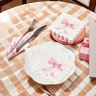 TEMU 20pcs, Pink Bow Shaped Napkin, Cute Party Supplies, White Pink Disposable Tissue, Suitable For Bachelorette, Bridal Wedding, Bow-themed Party Decoration, Scalloped Edge Napkin Party Gifts Image